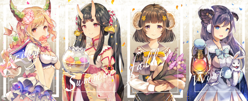 4girls :d bangs bell bird blonde_hair blue_eyes blue_neckwear blunt_bangs bouquet bow bowtie braid breasts brown_hair butterfly china_dress chinese_clothes cleavage commentary_request detached_sleeves dress earmuffs english eyebrows_visible_through_hair flower fur_trim hair_bell hair_ornament highres holding horns insect jewelry lantern long_hair long_sleeves looking_at_viewer medium_breasts mittens multicolored multicolored_eyes multiple_girls navel necklace oni open_mouth orange_eyes original puffy_short_sleeves puffy_sleeves purple_hair rabbit red_eyes seasons short_sleeves sibyl single_braid skirt smile standing thick_eyebrows twintails violet_eyes wide_sleeves yellow_eyes