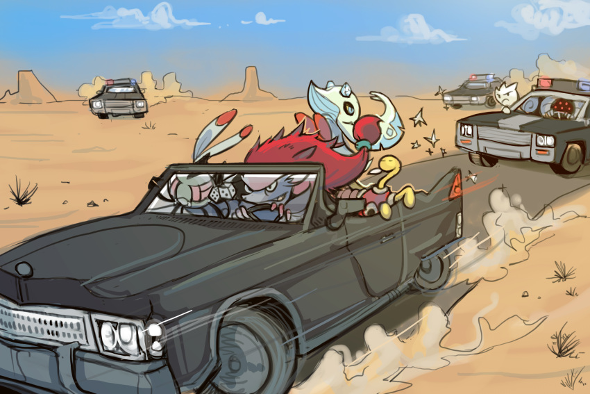 aqua_eyes blue_sky bummerdude car car_chase closed_eyes clouds cloudy_sky commentary creature day desert dice eye_contact froslass grin ground_vehicle highres looking_at_another motor_vehicle no_humans outdoors pokemon pokemon_(creature) police_car red_eyes registeel road sand shuckle sky smile togekiss yanmega zoroark