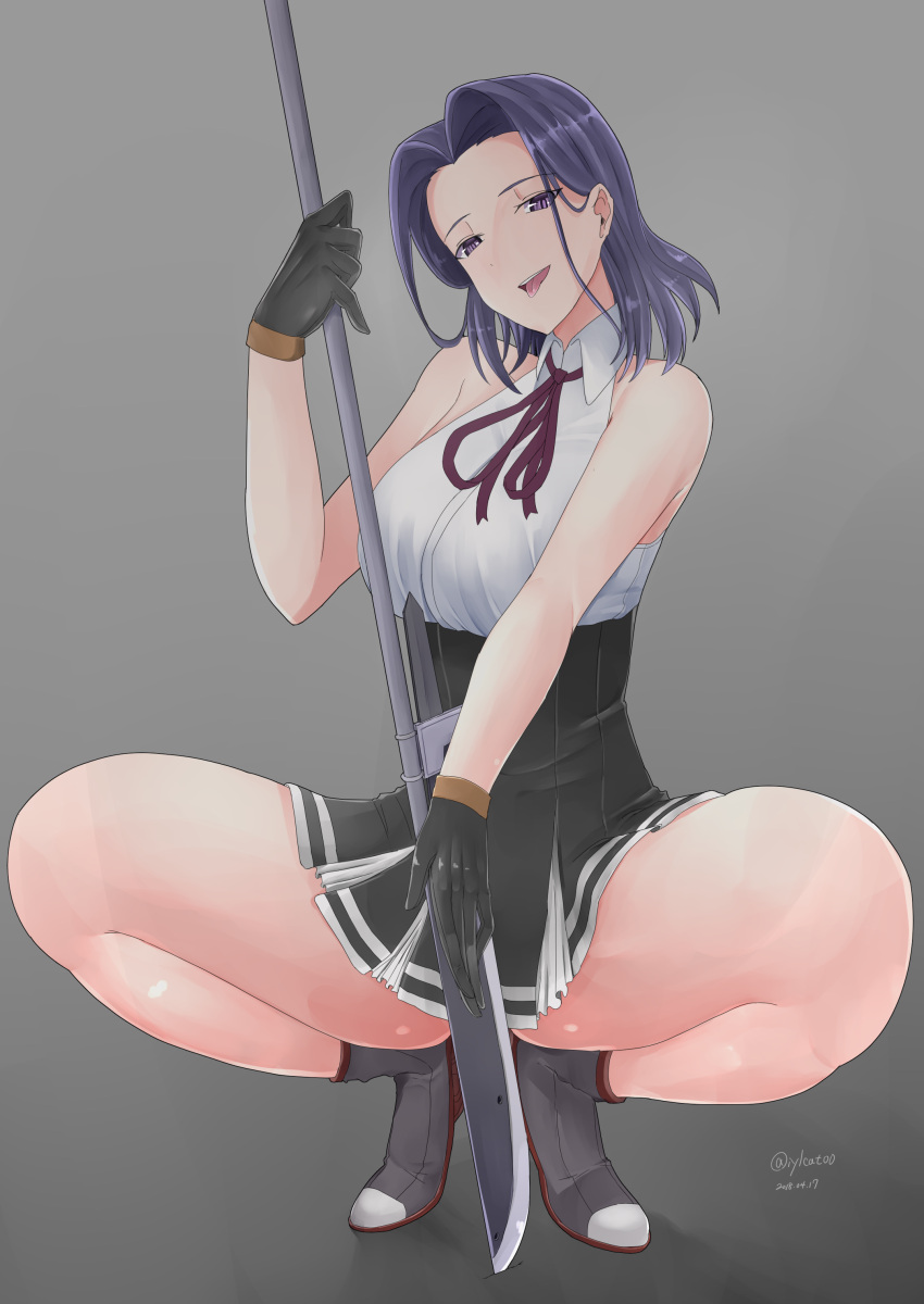 1girl absurdres black_gloves black_skirt dated full_body gloves grey_background highres irukatto kantai_collection naginata polearm purple_hair skirt sleeveless solo spread_legs squatting thick_thighs thighs tongue tongue_out twitter_username weapon
