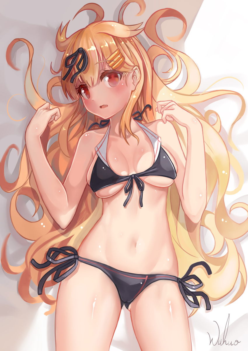 1girl absurdres bikini black_bikini black_ribbon blonde_hair breasts commentary_request eyebrows_visible_through_hair fang front-tie_top hair_flaps hair_ornament hair_ribbon hairclip highres kantai_collection long_hair medium_breasts navel open_mouth red_eyes remodel_(kantai_collection) revision ribbon shiny shiny_skin side-tie_bikini side-tie_bottom solo swimsuit wuhuo yuudachi_(kantai_collection)