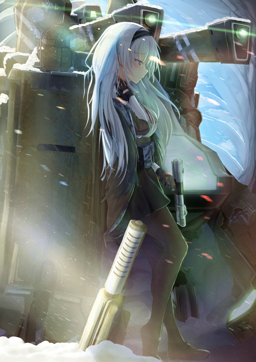 absurdres ammunition_pouch bangs black_footwear black_gloves black_hairband black_jacket black_legwear black_skirt closed_mouth collared_shirt eyebrows_visible_through_hair floating_hair from_side full_body girls_frontline gloves gun hairband half-closed_eyes hand_to_neck handgun highres holding holding_gun holding_weapon jacket long_hair long_sleeves looking_down machinery neck_ribbon neck_scar neck_stitches nine_inch_nails pantyhose pistol pouch red_eyes red_ribbon ribbon septet_(zrca_janne) shirt shoes sidelocks silver_hair skirt snow snowing standing thunder_(girls_frontline) trigger_discipline very_long_hair weapon white_shirt wind wind_lift