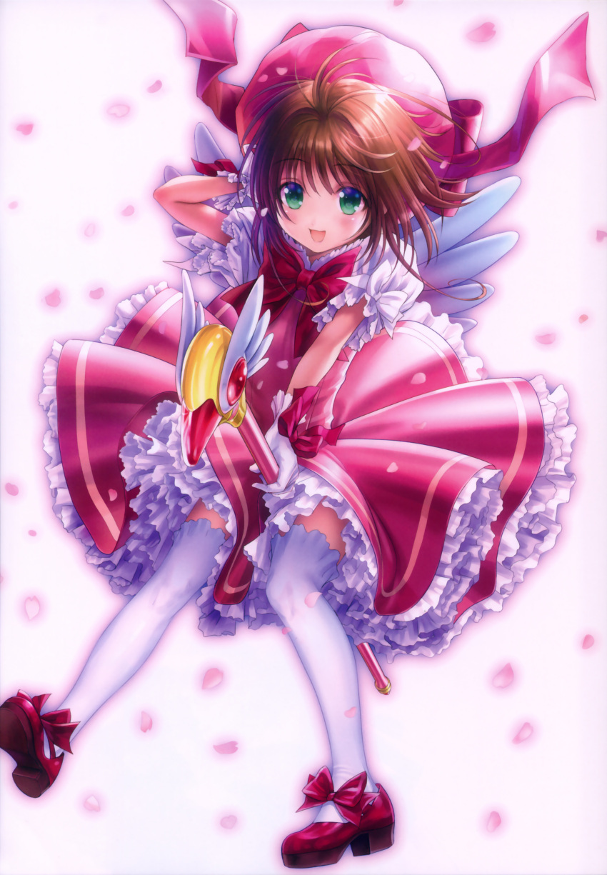 1girl :d absurdres blush bow brown_hair card_captor_sakura cherry_blossoms dress fuuin_no_tsue gloves goto_p green_eyes hand_behind_head hat highres holding kinomoto_sakura magical_girl open_mouth outstretched_arm petals petticoat pink_dress pink_hat pink_ribbon red_bow red_footwear ribbon scan short_sleeves smile solo thigh-highs white_background white_gloves white_legwear
