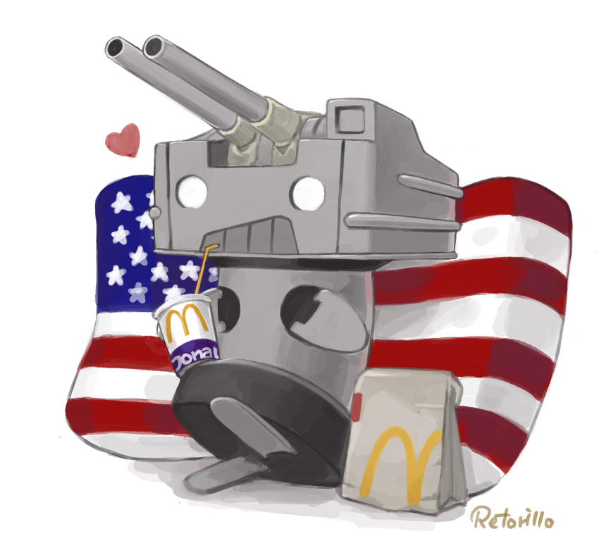 american_flag american_flag_print artist_name cannon cup disposable_cup flag_print heart kantai_collection mcdonald's no_humans o_o pillow rensouhou-kun retorillo simple_background solo turret white_background