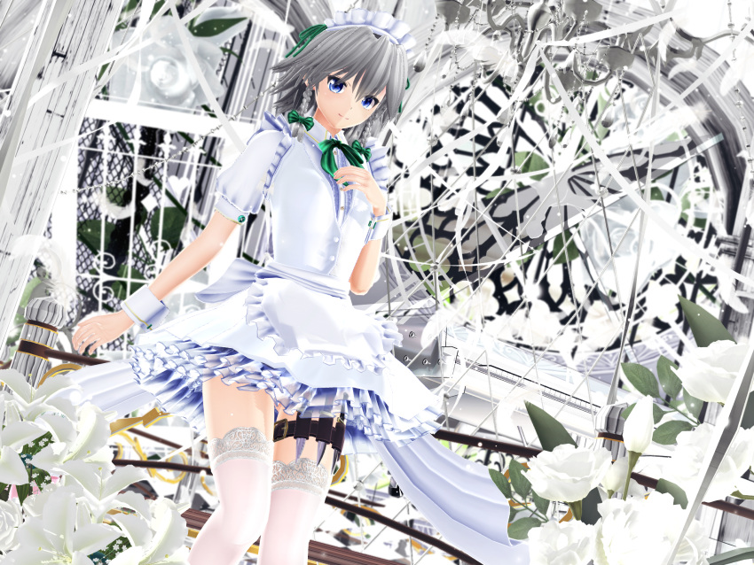 1girl alternate_color apron blue_eyes braid breasts buttons center_frills chandelier clock collared_shirt commentary_request eyes_visible_through_hair falling_feathers feathers feet_out_of_frame fence flower frilled_apron frilled_legwear frilled_skirt frills green_ribbon grey_hair hair_between_eyes hair_ribbon hand_on_own_chest highres holster instrument izayoi_sakuya kurogoma_(glassesgurasan) light_smile lily_(flower) looking_at_viewer maid_headdress medium_breasts mikumikudance neck_ribbon piano puffy_short_sleeves puffy_sleeves railing ribbon rose sash shirt short_hair short_sleeves side_braids skirt solo standing thigh-highs thigh_holster touhou twin_braids vest waist_apron white_flower white_legwear white_ribbon white_rose white_shirt white_skirt white_vest wrist_cuffs zettai_ryouiki