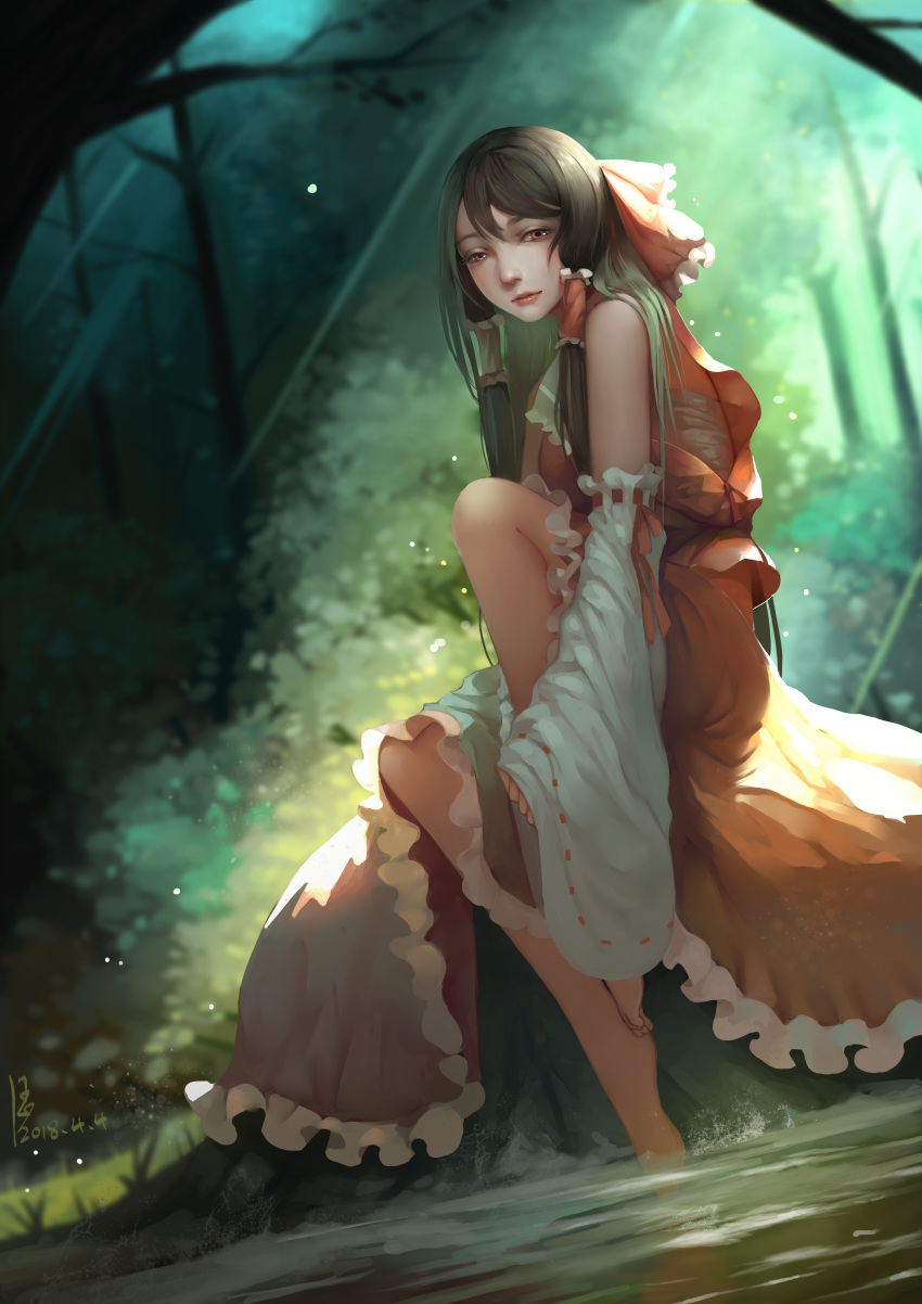 1girl absurdres ascot bare_shoulders barefoot bow brown_hair closed_mouth dated day detached_sleeves diandianzai dutch_angle full_body hair_bow hair_tubes hakurei_reimu half-closed_eyes highres japanese_clothes knee_up light_rays lips long_hair miko outdoors red_bow red_eyes ribbon-trimmed_sleeves ribbon_trim sarashi sitting skirt skirt_set sleeves_past_wrists solo touhou water wide_sleeves
