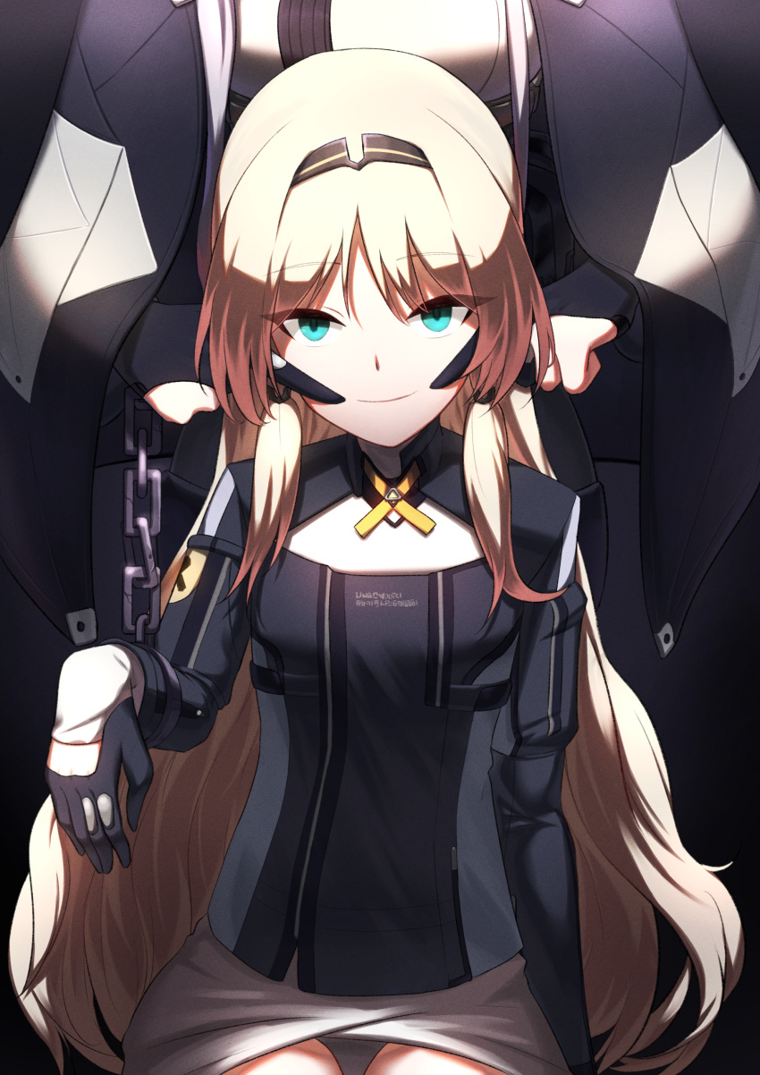 2girls absurdres ak-12_(girls_frontline) an-94_(girls_frontline) bangs black_gloves black_pants blonde_hair blue_eyes braid breasts cape chains closed_mouth cuffs eyebrows_visible_through_hair eyes_visible_through_hair fingers_on_another's_face forced_smile girls_frontline gloves hairband highres jacket long_hair long_sleeves looking_at_viewer medium_breasts multiple_girls panix2383 pants partly_fingerless_gloves shackles sidelocks silver_hair sitting skirt smile thighs very_long_hair