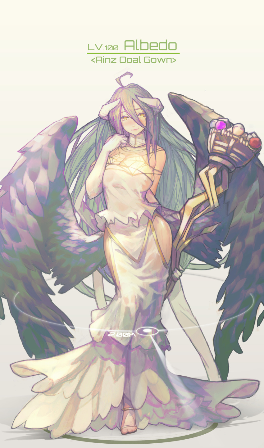 absurdres albedo bare_shoulders black_wings breasts cleavage demon_girl demon_horns demon_wings dress feathered_wings feathers frilled_dress frilled_gloves frills gloves hair_between_eyes highres horns large_breasts long_hair luviantree overlord_(maruyama) strapless strapless_dress thigh-highs white_dress white_gloves wings yellow_eyes