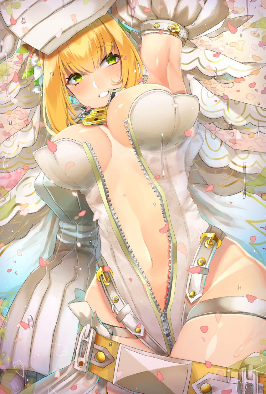 1girl ahoge arm_at_side arm_up armpits bangs belt belt_buckle blonde_hair blush breasts breasts_apart bridal_veil buckle center_opening colored_eyelashes commentary detached_collar detached_sleeves dutch_angle eyebrows_visible_through_hair fate/grand_order fate_(series) flower flower_wreath full-length_zipper garter_belt garter_straps gloves gradient gradient_background green_eyes grin groin hair_between_eyes hair_flower hair_ornament head_wreath highres hips juliet_sleeves leaf legs_together leotard lock long_sleeves looking_at_viewer loose_belt medium_breasts navel nero_claudius_(bride)_(fate) nero_claudius_(fate)_(all) open_clothes padlock petals puffy_detached_sleeves puffy_sleeves ribbed_sleeves sidelocks smile solo strapless strapless_leotard thighs umesake unzipped veil waist_cape water_drop wet white_flower white_gloves white_leotard wide_sleeves zipper zipper_pull_tab