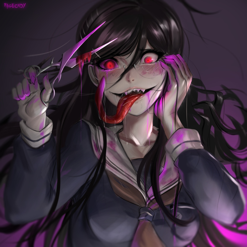 1girl absurdres artist_name black_hair dangan_ronpa dangan_ronpa_1 genocider_shou glasses highres holding holding_scissors long_hair looking_at_viewer purple_blood ragecndy red_eyes school_uniform scissors serafuku skirt smile solo tongue tongue_out upper_body