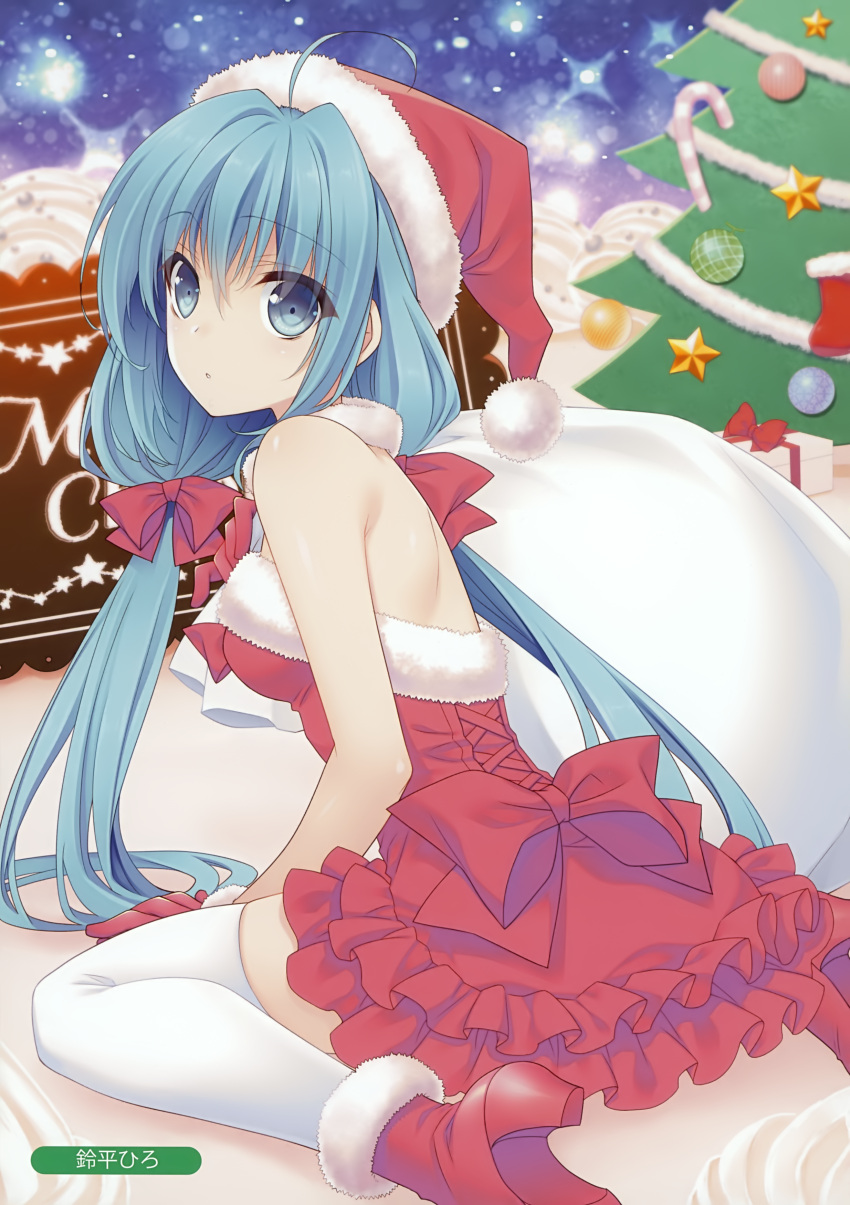 1girl absurdres ankle_boots arm_support artist_name bangs bare_shoulders blue_eyes blue_hair boots bow box breasts cake choker christmas_ornaments cream dress eyebrows_visible_through_hair food from_behind fur_trim gift gift_box gloves hair_bow hat highres holding layered_dress looking_at_viewer looking_back low_twintails medium_breasts melonbooks pom_pom_(clothes) red_dress red_footwear red_gloves sack santa_costume santa_hat scan shiny shiny_skin short_dress sidelocks sitting solo strapless strapless_dress suzuhira_hiro thigh-highs twintails wariza white_legwear zettai_ryouiki