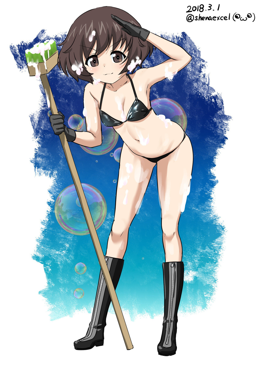 1girl absurdres akiyama_yukari bangs bikini black_bikini black_footwear black_gloves blue_background boots breasts broom brown_eyes brown_hair cleavage closed_mouth commentary_request dated excel_(shena) eyebrows_visible_through_hair full_body girls_und_panzer gloves highres holding logo looking_at_viewer medium_breasts messy_hair navel outside_border salute short_hair smile soap soap_bubbles solo standing swimsuit twitter_username v-shaped_eyebrows zipper