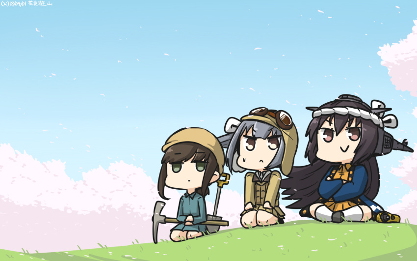 3girls alternate_costume aviator_cap aviator_sunglasses black_hair blue_sky commentary_request construction_worker fubuki_(kantai_collection) green_eyes grey_eyes hamu_koutarou happi hardhat headgear helmet highres hill indian_style japanese_clothes kantai_collection kasumi_(kantai_collection) long_hair multiple_girls nagato_(kantai_collection) outdoors pickaxe red_eyes seiza silver_hair sitting sky sunglasses