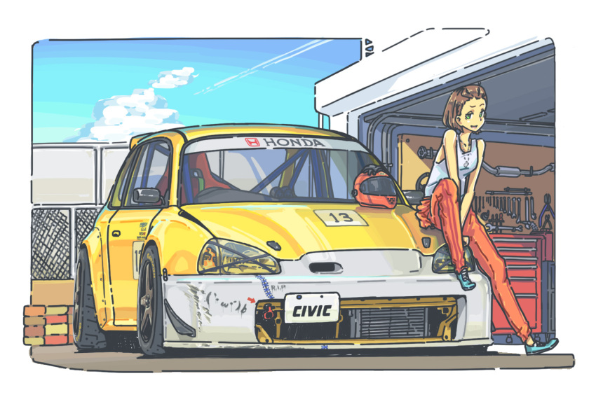 1girl brown_hair car clouds english fxx green_eyes ground_vehicle helmet honda looking_at_viewer motor_vehicle open_mouth orange_pants original outdoors pants shoes short_hair sky smile solo tank_top tools wrench