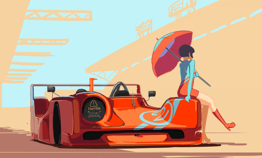 1girl absurdres black_hair boots car caution facing_away fxx ground_vehicle highres motor_vehicle original outstretched_leg short_hair sitting solo umbrella vehicle_request