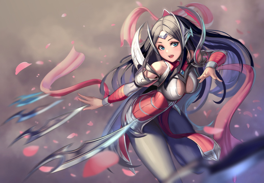 1girl black_hair blue_eyes breasts cherry_blossoms cleavage cleavage_cutout floating_swords headgear irelia league_of_legends long_hair medium_breasts moonandmist tagme