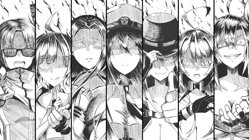 6+girls absurdres adjusting_clothes adjusting_hat ahoge angry azur_lane bespectacled breasts character_request cleveland_(azur_lane) enterprise_(azur_lane) glasses hat highres long_hair looking_at_viewer military_hat monochrome multiple_girls one_eye_closed pointing pointing_at_viewer san_diego_(azur_lane) summersketch yorktown_(azur_lane)