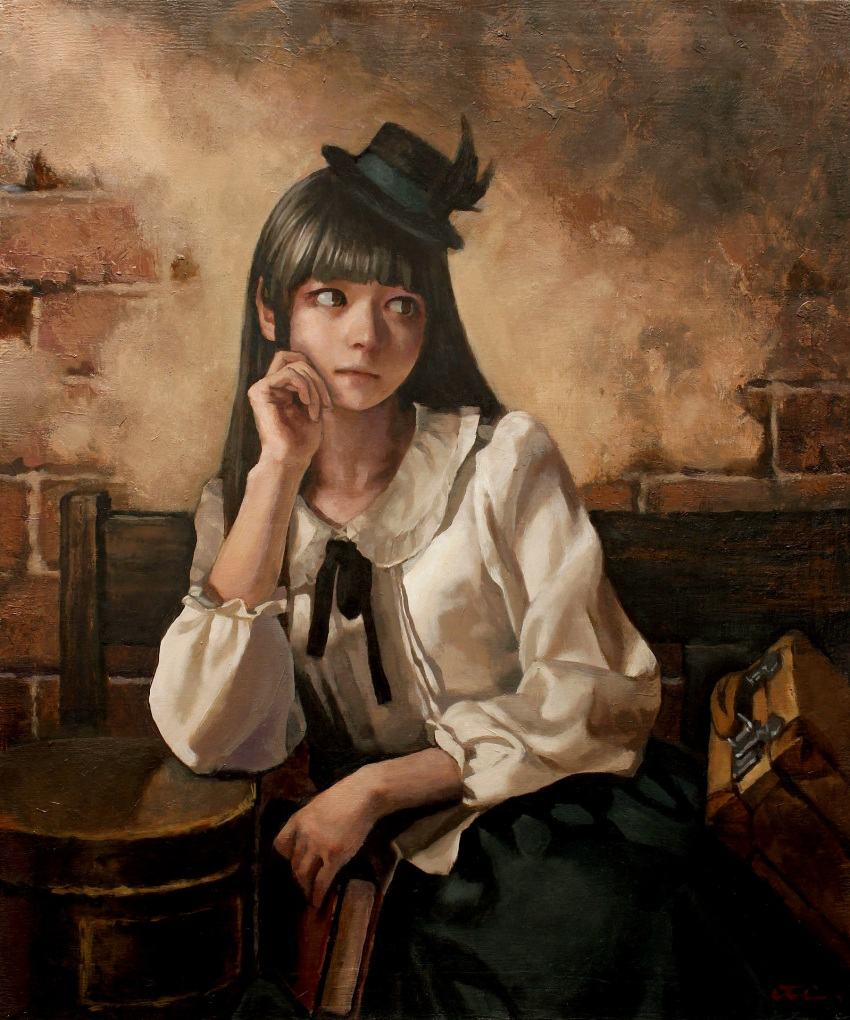 1girl bangs bench black_hair black_skirt blunt_bangs book brick_wall brown_eyes elbow_rest expressionless hat highres imai_takahiro indoors leaning_over long_hair long_sleeves looking_to_the_side oil_painting_(medium) original ribbon shirt side_glance sitting skirt solo stove stucco suitcase top_hat traditional_media white_shirt