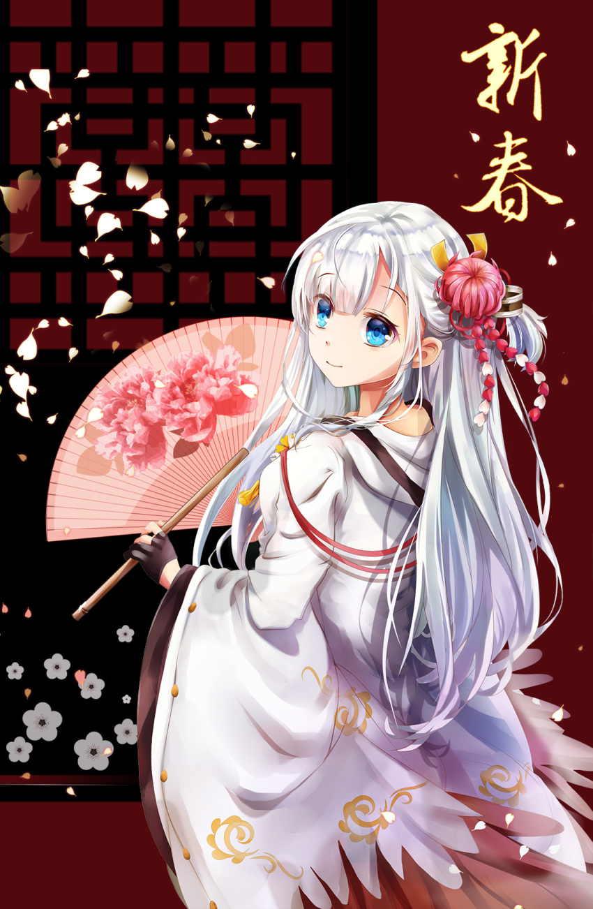 1girl azur_lane bangs black_gloves blue_eyes blunt_bangs blush character_name closed_mouth eyebrows_visible_through_hair fan flower from_behind gloves hair_flower hair_ornament hair_over_shoulder highres holding hood hood_down japanese_clothes kimono long_hair looking_at_viewer looking_back mutang nape open_mouth partly_fingerless_gloves petals shoukaku_(azur_lane) sidelocks silver_hair smile solo tassel wide_sleeves wind