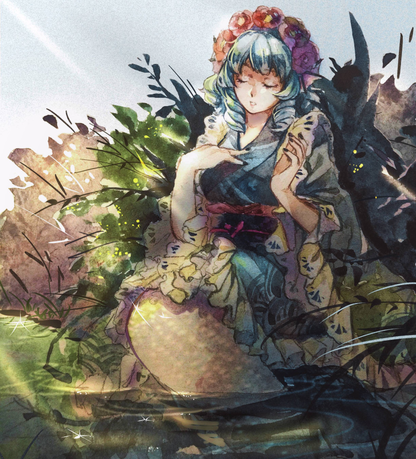1girl absurdres black_nails blue_hair blue_sky closed_eyes drill_hair faux_traditional_media frilled_kimono frills glint hand_on_own_chest hand_up head_fins head_wreath highres houraisan_chouko japanese_clothes kimono light_rays mermaid monster_girl nail_polish obi outdoors parted_lips partially_submerged sash short_hair sitting sky solo sunbeam sunlight touhou twin_drills wakasagihime water