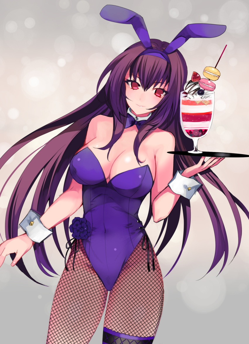 1girl animal_ears bare_shoulders bow bowtie breasts bunny_girl bunnysuit cleavage cowboy_shot dessert detached_collar fate/grand_order fate_(series) fishnet_pantyhose fishnets food garter_belt grey_background highres hyakuichi large_breasts leotard long_hair looking_at_viewer macaron pantyhose purple_hair purple_leotard purple_neckwear rabbit_ears red_eyes scathach_(fate/grand_order) smile solo sparkle_background strapless strapless_leotard tray wrist_cuffs