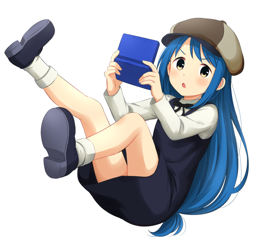 1girl black_neckwear black_ribbon blue_dress blue_footwear blue_hair blue_vest blush brown_eyes commentary_request dress full_body handheld_game_console hat highres holding kotoha_(mitsuboshi_colors) long_hair long_sleeves looking_at_viewer low-tied_long_hair mitsuboshi_colors neck_ribbon nintendo_ds parted_lips ribbon sekina shirt shoes short_dress socks solo vest white_legwear white_shirt