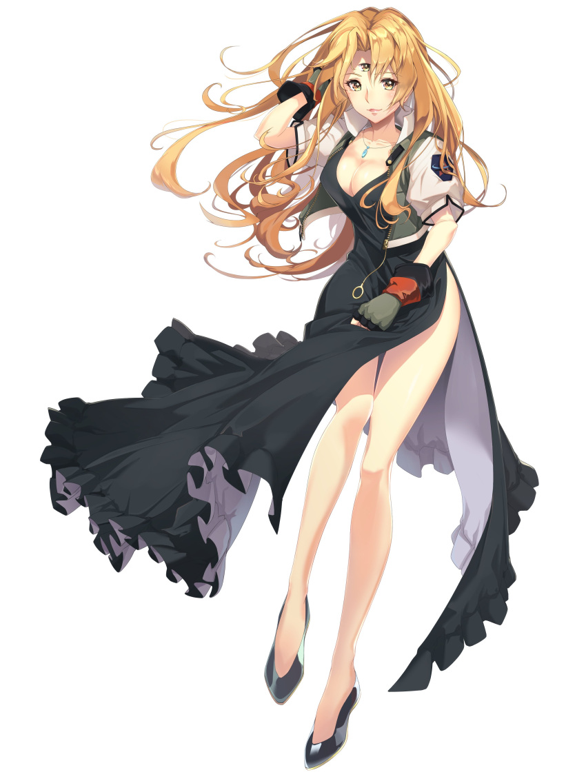 1girl absurdres bare_legs black_dress black_footwear blonde_hair breasts cleavage closed_mouth dress full_body gloves high_heels highres jacket jewelry kakko_madoka legs lips long_hair looking_at_viewer necklace opera_vectra simple_background smile solo standing star_ocean star_ocean_the_second_story third_eye white_background yellow_eyes