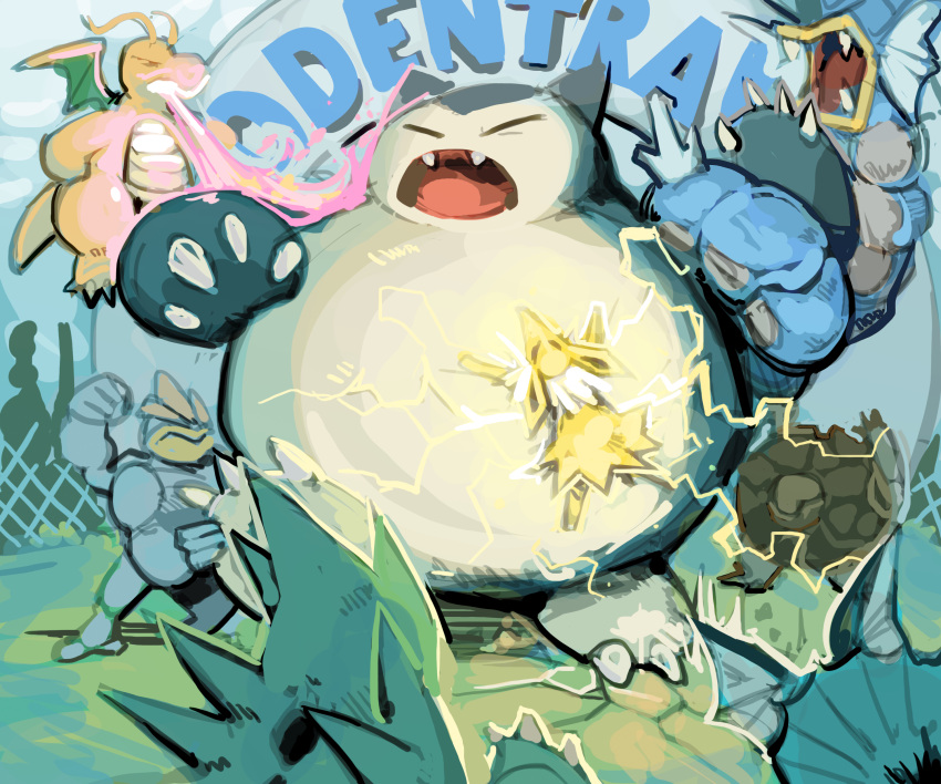 absurdres bummerdude claws closed_eyes commentary creature dragon dragonite electricity energy_beam fangs fighting flying gen_1_pokemon golem gyarados highres jolteon jumping machamp multiple_arms no_humans open_mouth outdoors pokemon pokemon_(creature) snorlax standing vaporeon