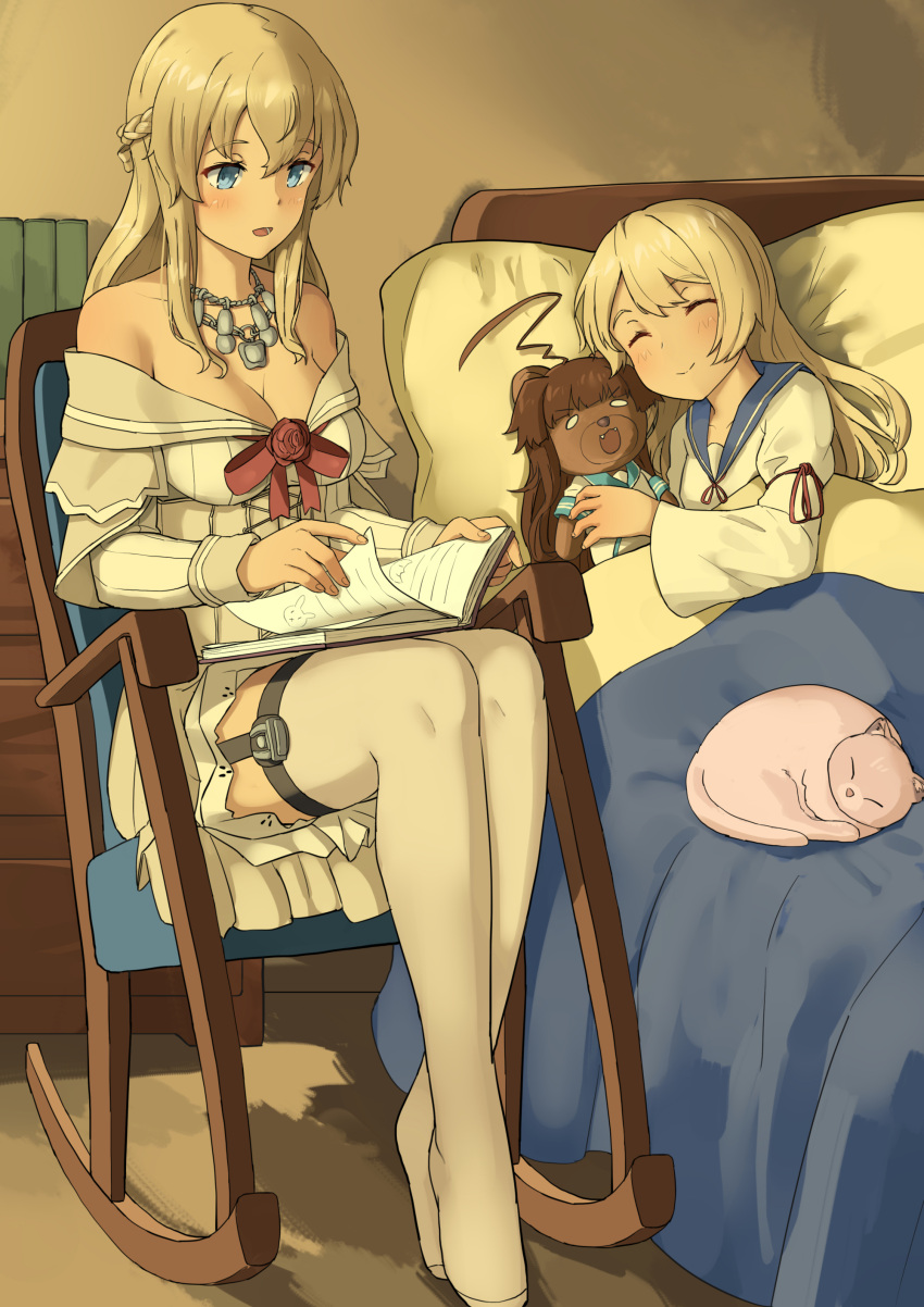 2girls absurdres ahoge bear bed blanket blonde_hair blue_eyes book braid brown_hair cat chair character_doll closed_eyes corset dress flower french_braid garter_straps highres holding holding_book huge_ahoge jervis_(kantai_collection) jewelry kantai_collection kuma_(kantai_collection) long_hair long_sleeves lying multiple_girls necklace object_hug off-shoulder_dress off_shoulder on_side pillow reading red_flower red_ribbon red_rose ribbon rocking_chair rose school_uniform serafuku sitting sleeping soushou_nin thigh-highs warspite_(kantai_collection) white_dress white_legwear