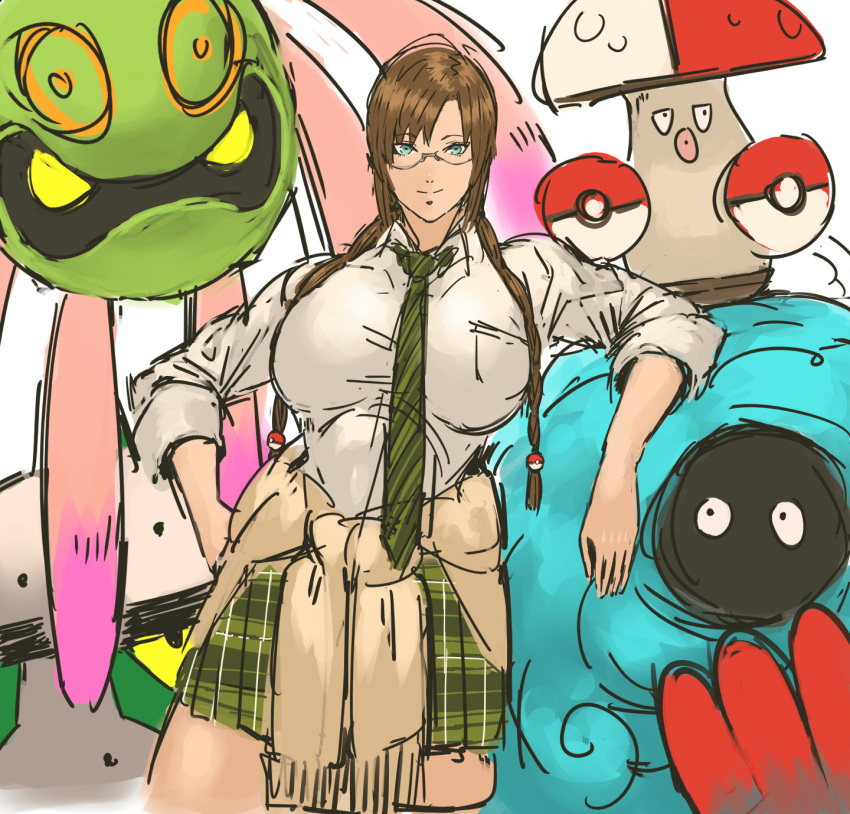 1girl amoonguss breasts cowboy_shot cradily ferrothorn gen_3_pokemon gen_4_pokemon gen_5_pokemon glasses_girl_(nameo) green_eyes green_neckwear highres huge_breasts long_hair looking_at_viewer nameo_(judgemasterkou) necktie original plant poke_ball pokemon pokemon_(creature) smile striped tangrowth vines yellow_eyes