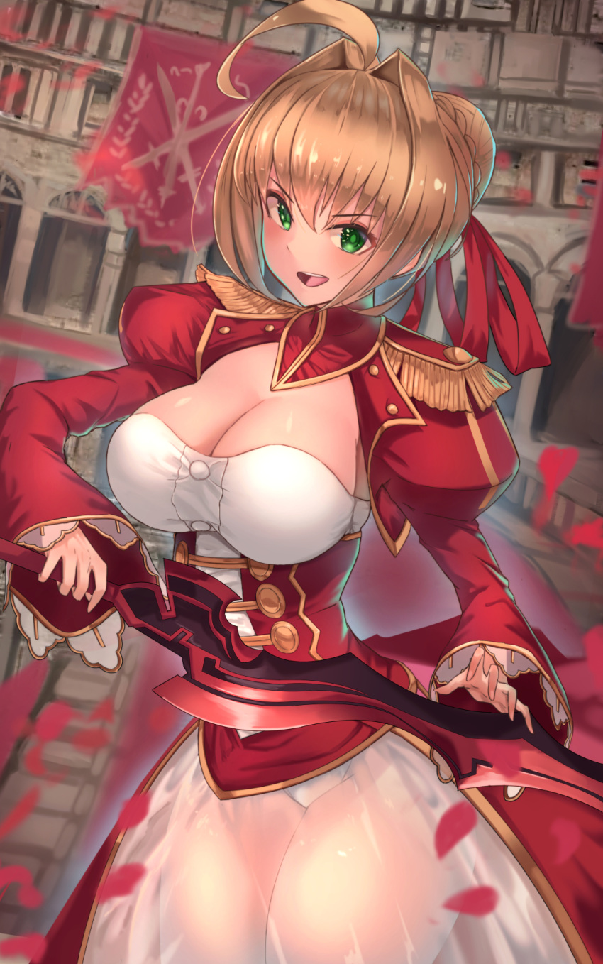 1girl aestus_estus ahoge bangs blonde_hair breasts cleavage dress epaulettes eyebrows_visible_through_hair fate/extra fate/grand_order fate_(series) green_eyes hair_bun hair_ornament hair_ribbon highres holding holding_sword holding_weapon large_breasts leotard long_sleeves looking_at_viewer nero_claudius_(fate) nero_claudius_(fate)_(all) open_mouth petals plaster_(2501) red_dress red_ribbon ribbon see-through shiny shiny_skin short_hair solo standing sword weapon white_leotard