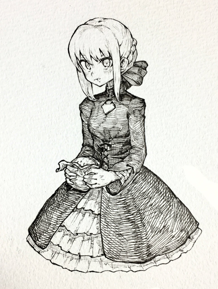 1girl artoria_pendragon_(all) bangs closed_mouth dress eating fate_(series) food food_on_face hamburger highres holding holding_food long_sleeves looking_at_viewer mashimashi monochrome saber_alter short_hair solo traditional_media
