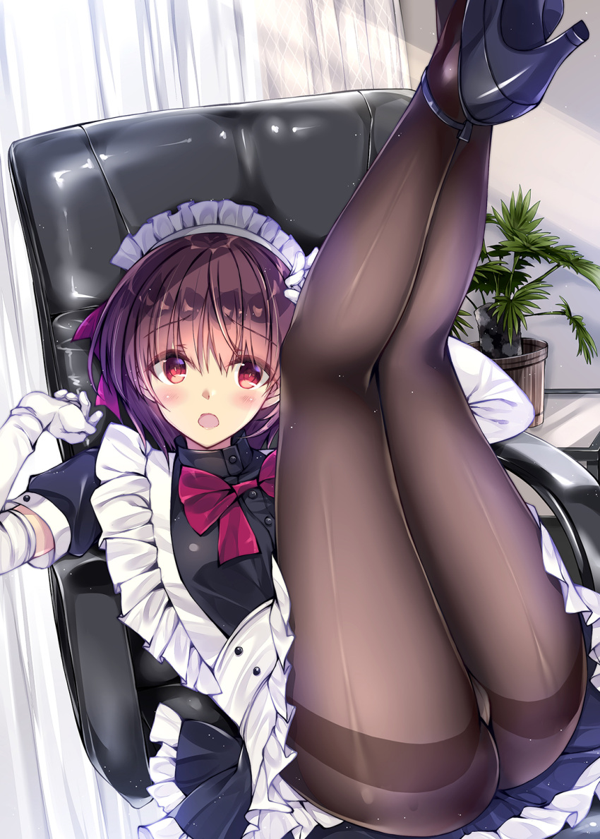 1girl :o apron ass bangs black_legwear black_shirt blush brown_hair chair commentary_request curtains day elbow_gloves eyebrows_visible_through_hair frilled_apron frills gloves hands_up highres indoors kobayashi_chisato legs legs_up looking_at_viewer lying maid maid_headdress office_chair on_back open_mouth original panties panties_under_pantyhose pantyhose plant potted_plant red_eyes shirt short_hair solo thighband_pantyhose thighs underwear white_gloves