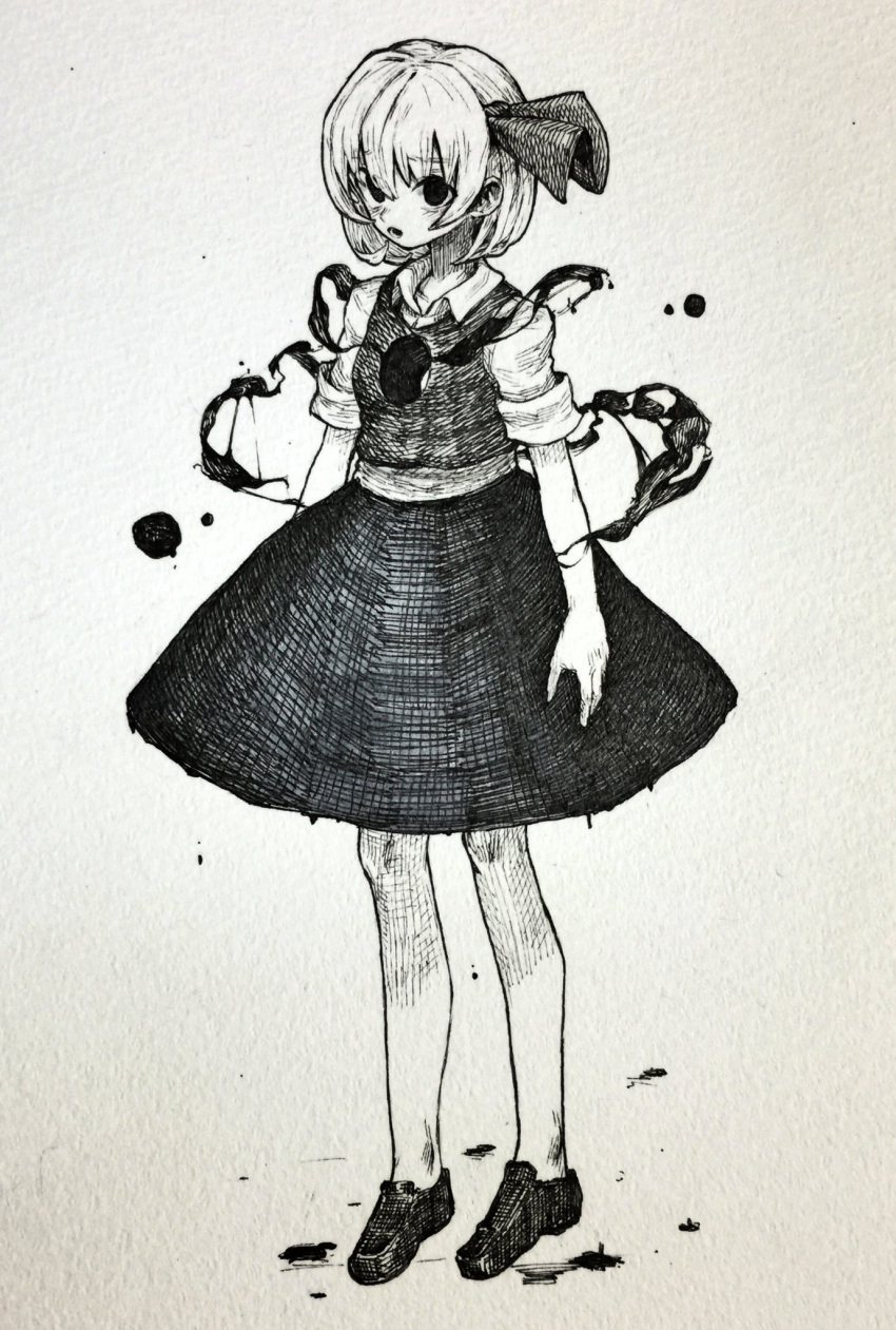 1girl bangs blush bow commentary_request eyebrows_visible_through_hair full_body hair_bow highres hole_in_chest loafers looking_at_viewer mashimashi monochrome open_mouth rumia shoes short_hair short_sleeves skirt skirt_set solo standing touhou traditional_media