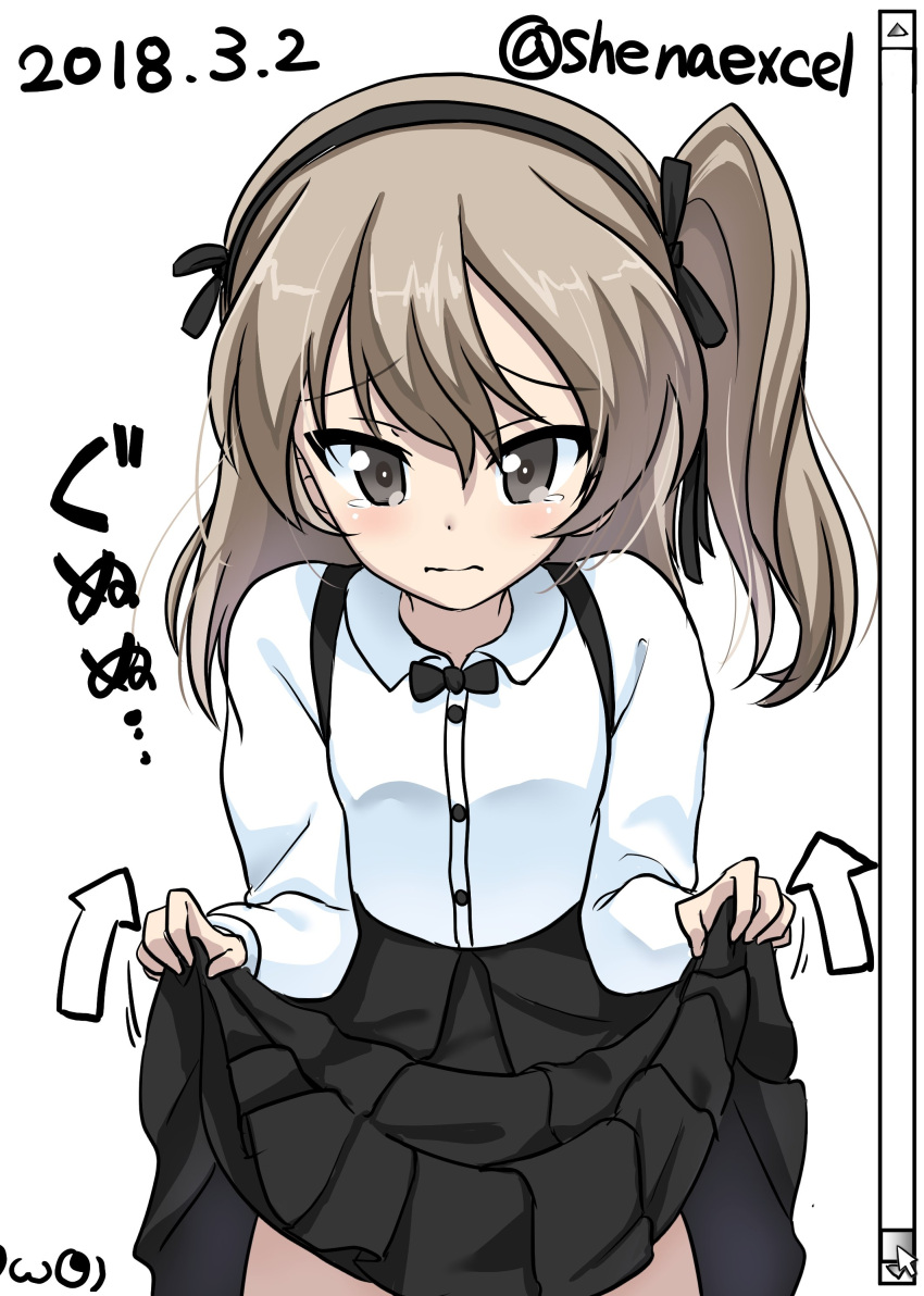 1girl absurdres bangs black_neckwear black_ribbon black_skirt bow bowtie brown_eyes casual closed_mouth collared_shirt commentary_request cowboy_shot dated directional_arrow excel_(shena) eyebrows_visible_through_hair frown gameplay_mechanics girls_und_panzer hair_ribbon high-waist_skirt highres layered_skirt lifted_by_self light_brown_hair logo long_hair long_sleeves looking_at_viewer medium_skirt pointer ribbon scroll shimada_arisu shirt side_ponytail signature skirt skirt_lift solo standing suspender_skirt suspenders tearing_up twitter_username white_shirt