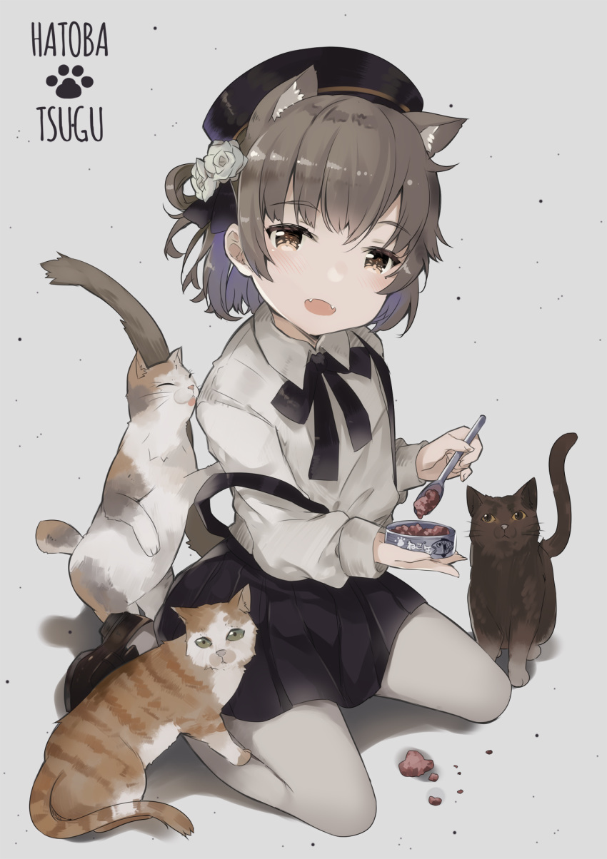 1girl :d animal animal_ears beret black_bow black_footwear black_hat black_ribbon black_skirt blush bow brown_eyes brown_hair cat cat_ears cat_food cat_girl cat_tail character_name collared_shirt commentary_request copyright_name fangs flower grey_hair hair_flower hair_ornament hair_rings hat hatoba_tsugu hatoba_tsugu_(character) head_tilt highres holding holding_spoon kemonomimi_mode loafers long_sleeves looking_at_viewer open_mouth pantyhose pleated_skirt ribbon rose shirt shoes sitting skirt smile solo spoon suspender_skirt suspenders tail usagihime virtual_youtuber wariza white_flower white_legwear white_rose white_shirt