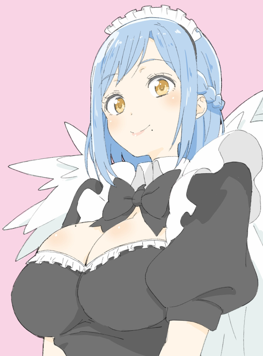 1girl absurdres black_dress black_neckwear blue_hair blush bow bowtie breasts cleavage detached_collar donguri_suzume dress eyebrows_visible_through_hair highres large_breasts looking_at_viewer maid maid_headdress mole mole_under_eye original puffy_short_sleeves puffy_sleeves short_sleeves smile solo upper_body wing_collar wings yellow_eyes