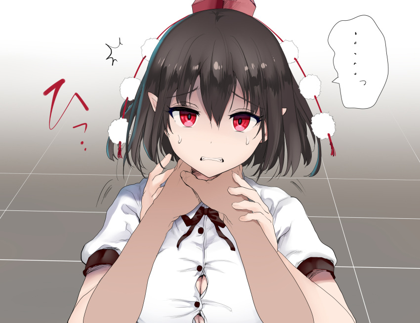 ... 1girl bangs bow bowtie breasts brown_hair brown_neckwear buttons cleavage clenched_teeth commentary_request eyebrows_visible_through_hair hair_between_eyes hat highres kedamono_kangoku-tou looking_at_viewer medium_breasts pointy_ears pom_pom_(clothes) pov pov_hands red_eyes shameimaru_aya short_hair short_sleeves solo_focus spoken_ellipsis strangling sweat teeth tokin_hat touhou upper_body