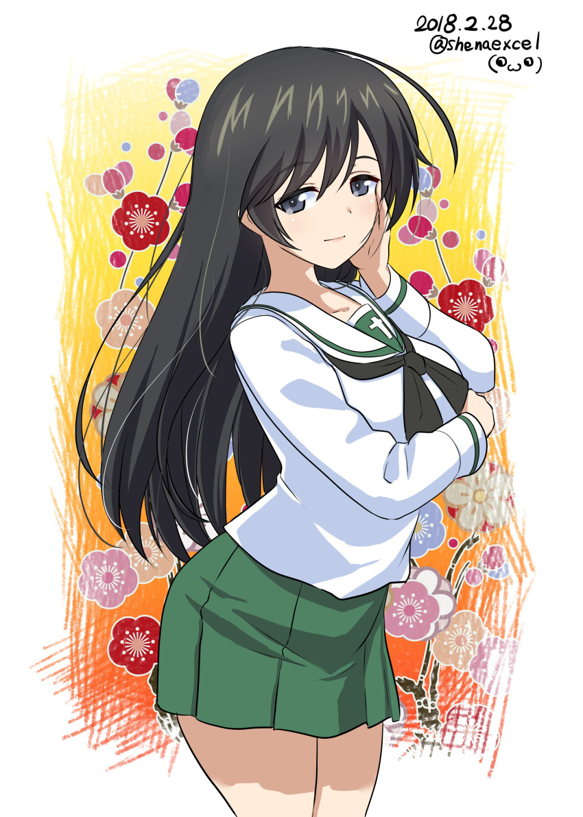 1girl absurdres ahoge bangs black_eyes black_hair black_neckwear blouse breast_hold breasts closed_mouth commentary_request cowboy_shot dated excel_(shena) eyebrows_visible_through_hair floral_background girls_und_panzer green_skirt hand_on_own_face highres isuzu_hana logo long_hair long_sleeves looking_at_viewer miniskirt multicolored multicolored_background neckerchief ooarai_school_uniform outside_border pleated_skirt school_uniform serafuku skirt smile solo standing twitter_username white_blouse