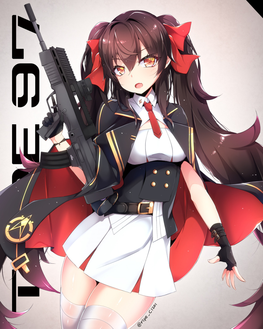 1girl bangs belt black_gloves black_hair blush boots breasts brown_eyes buckle cape china_dress chinese_clothes cleavage_cutout collared_shirt double-breasted double_bun dress eyebrows_visible_through_hair eyes_visible_through_hair fang fingerless_gloves girls_frontline gloves gun hair_between_eyes hair_ribbon head_tilt highres holding holding_gun holding_weapon light_particles long_hair looking_at_viewer necktie outstretched_hand pleated_skirt qbz-97 qbz-97_(girls_frontline) red_eyes red_neckwear red_ribbon ribbon ripe.c shirt sidelocks simple_background skirt smile solo thigh-highs thighs trigger_discipline twintails twitter_username underbust very_long_hair weapon white white_legwear white_shirt wrist_straps