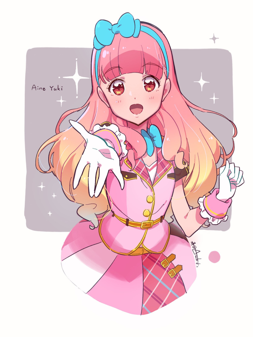 1girl :d aikatsu!_(series) aikatsu_friends! artist_name bangs belt belt_buckle blonde_hair bow bowtie buckle character_name cropped_legs dated eyebrows_visible_through_hair gloves gradient_hair hair_bow hairband highres jacket long_hair looking_at_viewer multicolored_hair open_mouth outstretched_arm pink_hair pink_jacket red_eyes short_sleeves skirt smile solo susinoyama two-tone_background two-tone_hair white_gloves yuuki_aine