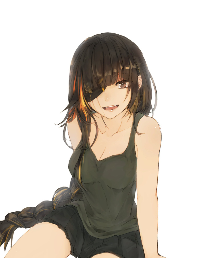 1girl alternate_costume arm_behind_back arm_support aura bangs bare_arms blonde_hair braid breasts brown_hair casual cleavage collarbone eyebrows_visible_through_hair eyepatch girls_frontline green_tank_top highres ki_lllorz long_hair looking_at_viewer m16a1_(girls_frontline) medium_breasts multicolored_hair open_mouth pleated_skirt scar scar_across_eye sidelocks simple_background sitting skirt smile solo streaked_hair tank_top thighs very_long_hair white_background