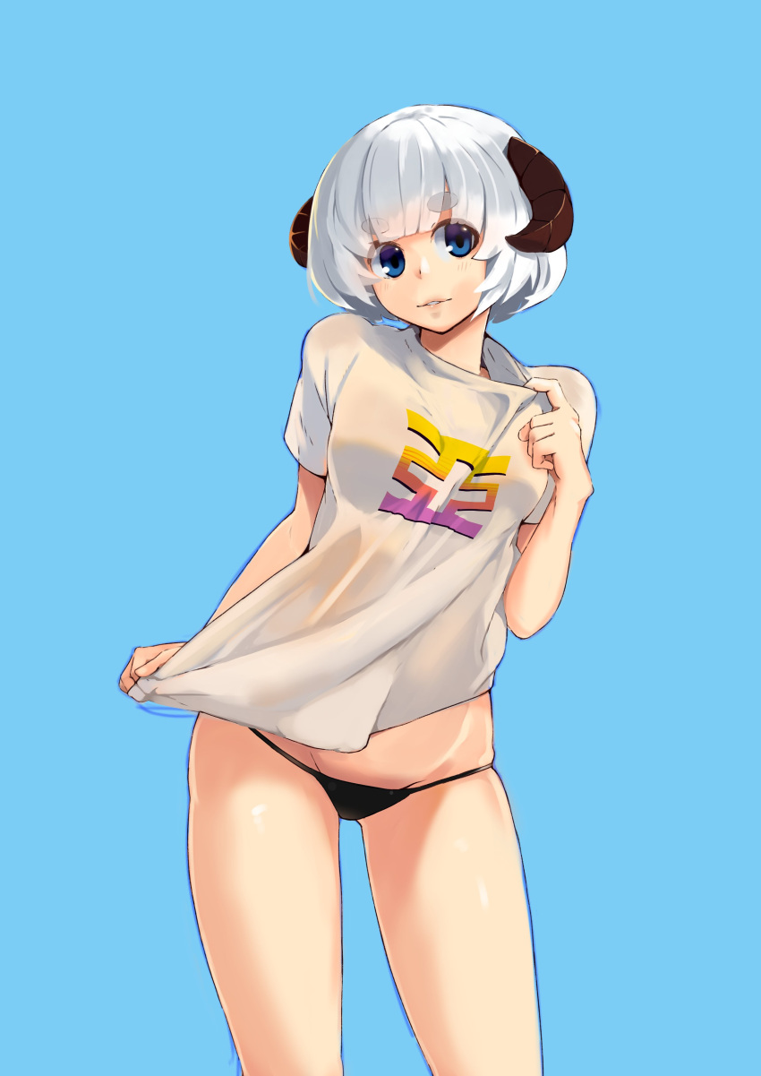 1girl absurdres bangs black_panties blue_background blue_eyes blunt_bangs contrapposto cowboy_shot curled_horns eyebrows_visible_through_hair hand_up highres horns kion-kun looking_at_viewer original panties parted_lips shirt short_hair short_sleeves simple_background skindentation smile solo standing thick_eyebrows underwear white_shirt