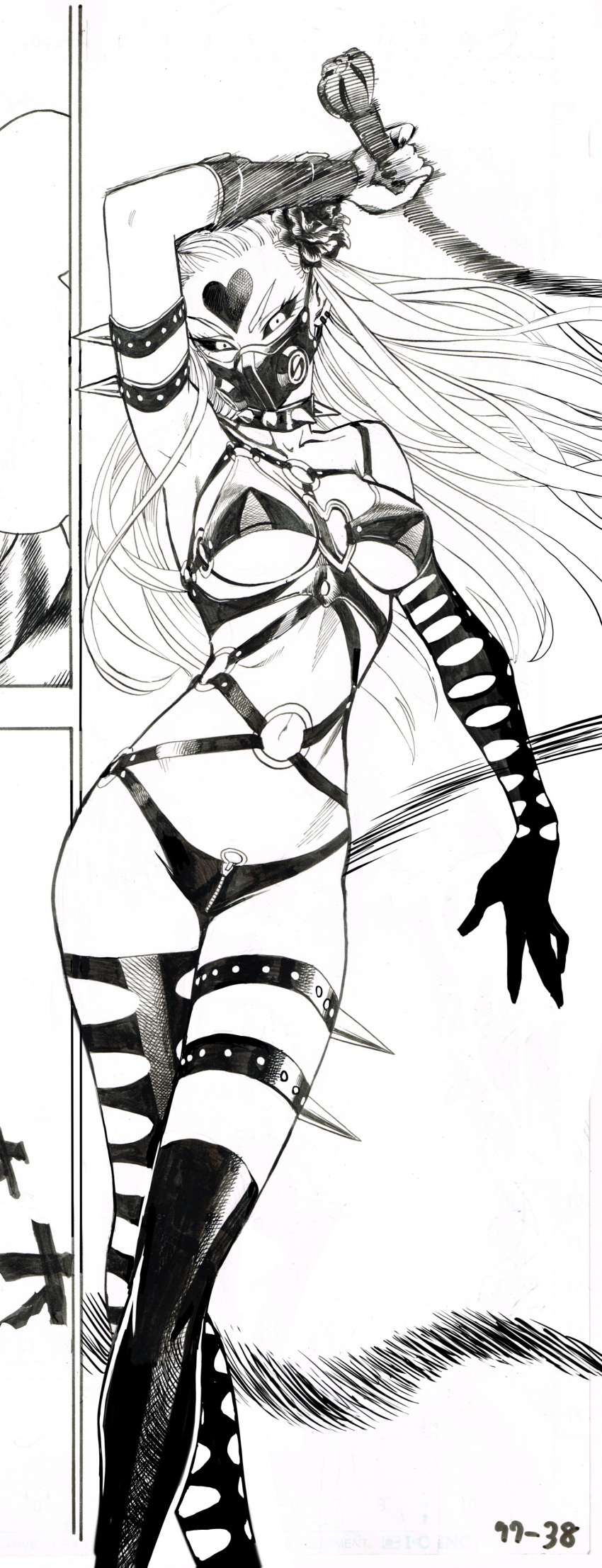 1girl absurdres armpits asymmetrical_legwear black_sclera bra bracer breasts dominatrix elbow_gloves face_mask facial_mark fingernails fins floating_hair forehead_mark gloves greyscale hand_up highres holding holding_weapon kaijin_hime_do-s large_breasts legband long_hair looking_at_viewer mask monochrome motion_blur murata_yuusuke nail_polish navel o-ring official_art one-punch_man page_number panties single_elbow_glove solo spikes standing thigh-highs underwear v-shaped_eyebrows weapon zipper