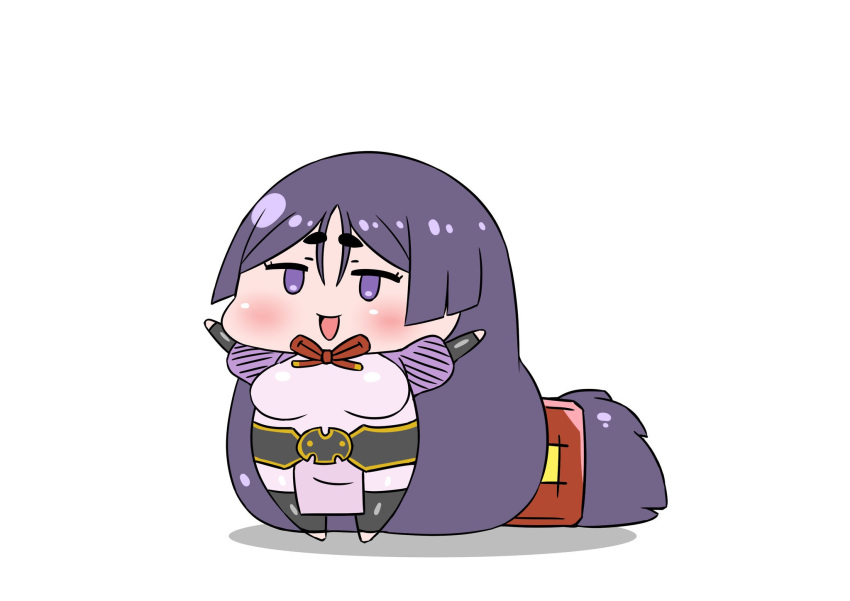 1girl :d absurdly_long_hair black_legwear blush bodysuit chibi commentary_request eyebrows_visible_through_hair fate/grand_order fate_(series) hands_up highres jitome long_hair looking_at_viewer low-tied_long_hair minamoto_no_raikou_(fate/grand_order) neck_ribbon open_mouth pelvic_curtain pink_bodysuit puffy_sleeves purple_hair red_neckwear red_ribbon rei_(rei_rr) ribbon sash simple_background smile solo standing thigh-highs very_long_hair violet_eyes white_background
