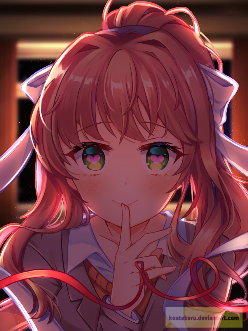 1girl blurry blurry_background blush brown_blazer brown_hair classroom curtains doki_doki_literature_club eyebrows_visible_through_hair finger_to_mouth green_eyes hair_ribbon heart heart-shaped_pupils highres kuatakeru looking_at_viewer monika_(doki_doki_literature_club) orange_sweater ribbon school_uniform shirt solo sweater symbol-shaped_pupils visible_ears watermark white_ribbon white_shirt window