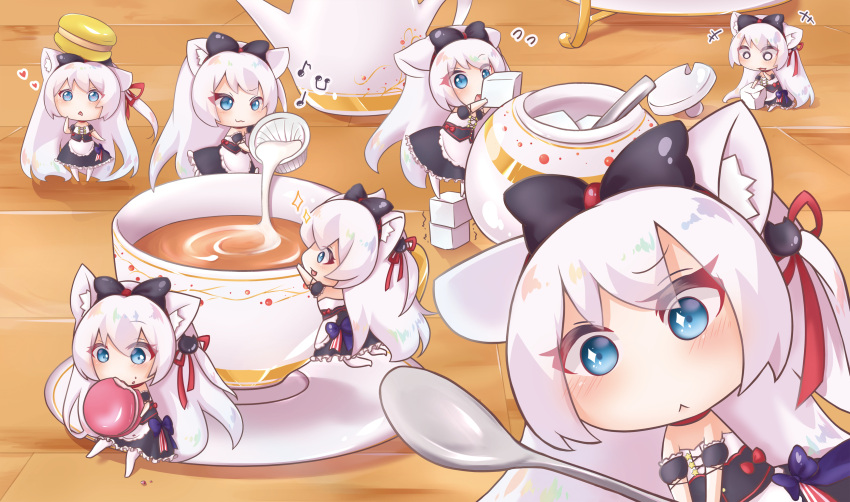 1girl :&lt; :3 absurdres animal_ears azur_lane black_bow blue_eyes bow cat_hair_ornament chibi clone cup drooling eating eyebrows_visible_through_hair eyes_visible_through_hair flying_sweatdrops food food_on_face food_on_head hair_bow hair_ornament hair_ribbon hammann_(azur_lane) heart heart-shaped_pupils highres long_hair looking_at_viewer macaron minigirl musical_note nut_megu object_on_head open_mouth pantyhose pouring remodel_(azur_lane) ribbon saucer sitting sparkle sparkling_eyes spoon sugar_cube symbol-shaped_pupils teacup teapot triangle_mouth white_hair white_legwear