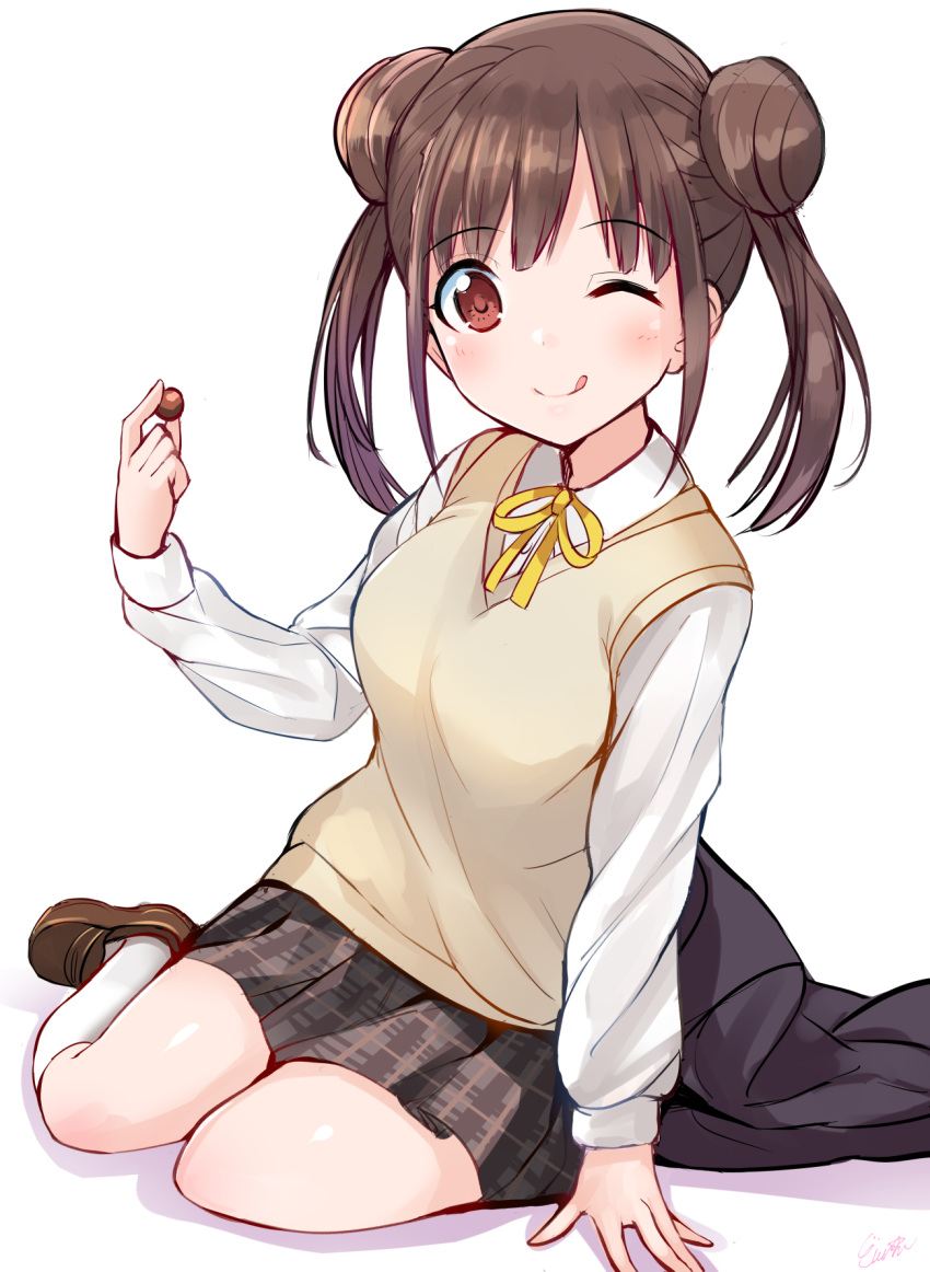 1girl ;d arm_support bangs black_blazer blazer blazer_removed blonde_hair brown_footwear brown_skirt chocolate closed_mouth commentary_request double_bun eyebrows_visible_through_hair food highres holding holding_food idolmaster idolmaster_shiny_colors jacket kneehighs loafers long_hair long_sleeves looking_at_viewer one_eye_closed open_mouth plaid plaid_skirt red_eyes school_uniform shirt shoes side_bun sidelocks signature sitting skirt smile solo sonoda_chiyoko sweater_vest twintails u_rin white_background white_legwear white_shirt yokozuwari