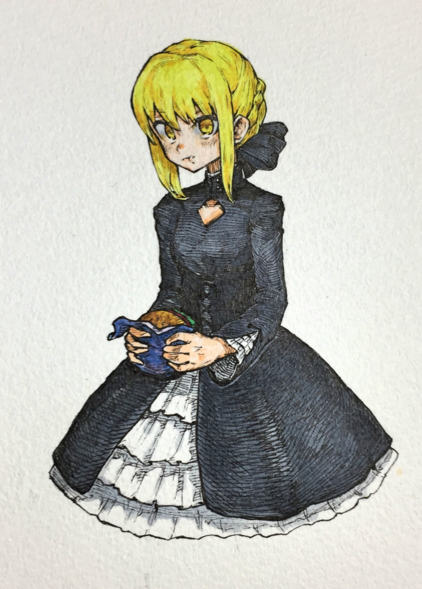 1girl absurdres artoria_pendragon_(all) bangs black_dress blonde_hair blush closed_mouth colored dress eating fate_(series) food food_on_face hamburger highres holding holding_food long_sleeves looking_at_viewer mashimashi saber_alter short_hair solo traditional_media yellow_eyes