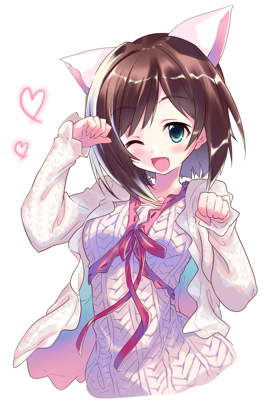 1girl ;d absurdres animal_ears bangs brown_hair cat_ears commentary_request cropped_torso dress eyebrows_visible_through_hair fang green_eyes heart highres idolmaster idolmaster_cinderella_girls jacket long_sleeves looking_at_viewer maekawa_miku one_eye_closed open_clothes open_jacket open_mouth paw_pose red_ribbon ribbed_dress ribbon short_hair smile solo standing take_shinobu upper_body white_background white_dress white_jacket