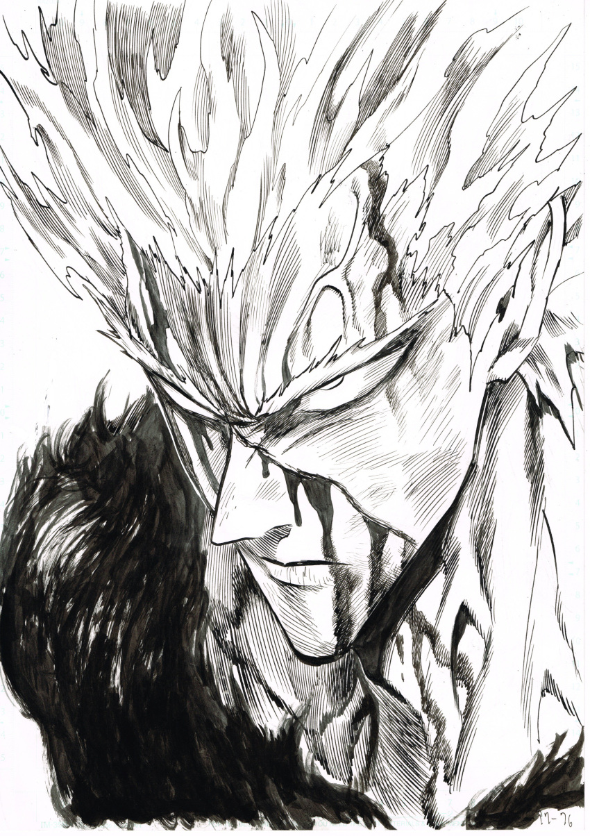 1boy absurdres blood closed_mouth garou_(one-punch_man) greyscale highres monochrome murata_yuusuke official_art one-punch_man page_number scar serious solo veins